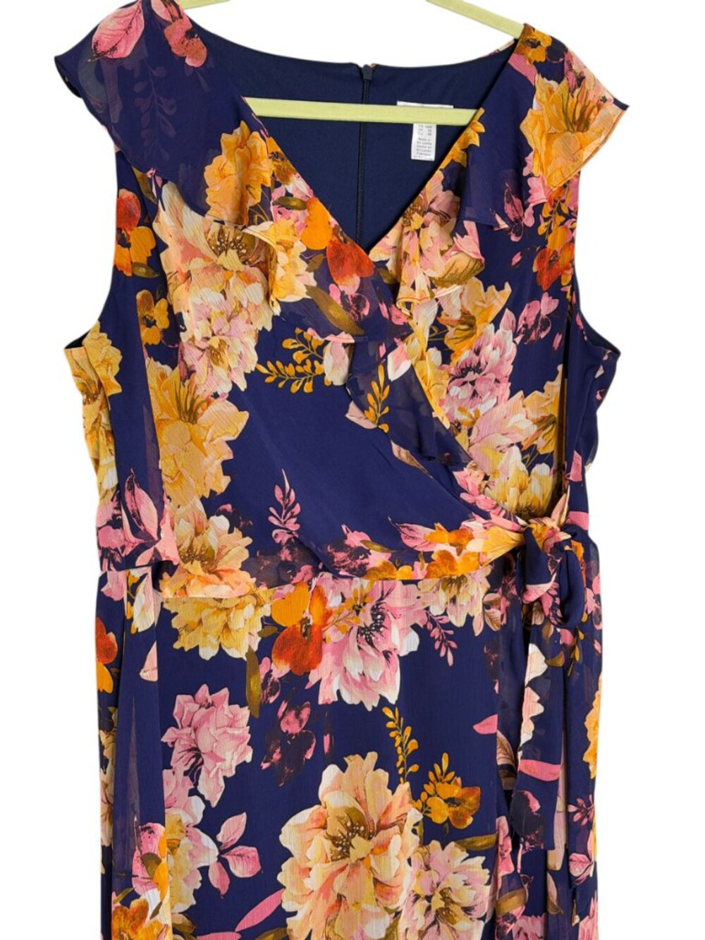 London Times Akong Woman Maxi Dress Chiffon Ruffle Floral Blue Pink Orange 16W - Picture 2 of 9